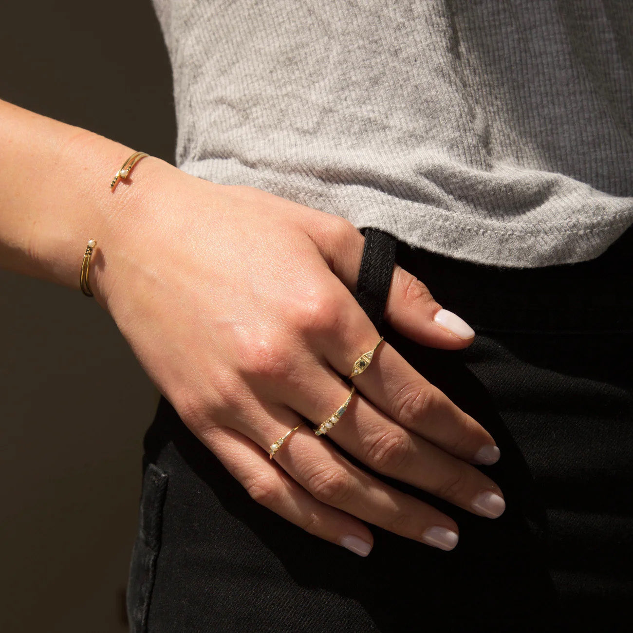 3 Pearl Baguette Emerald Equilibrium Ring