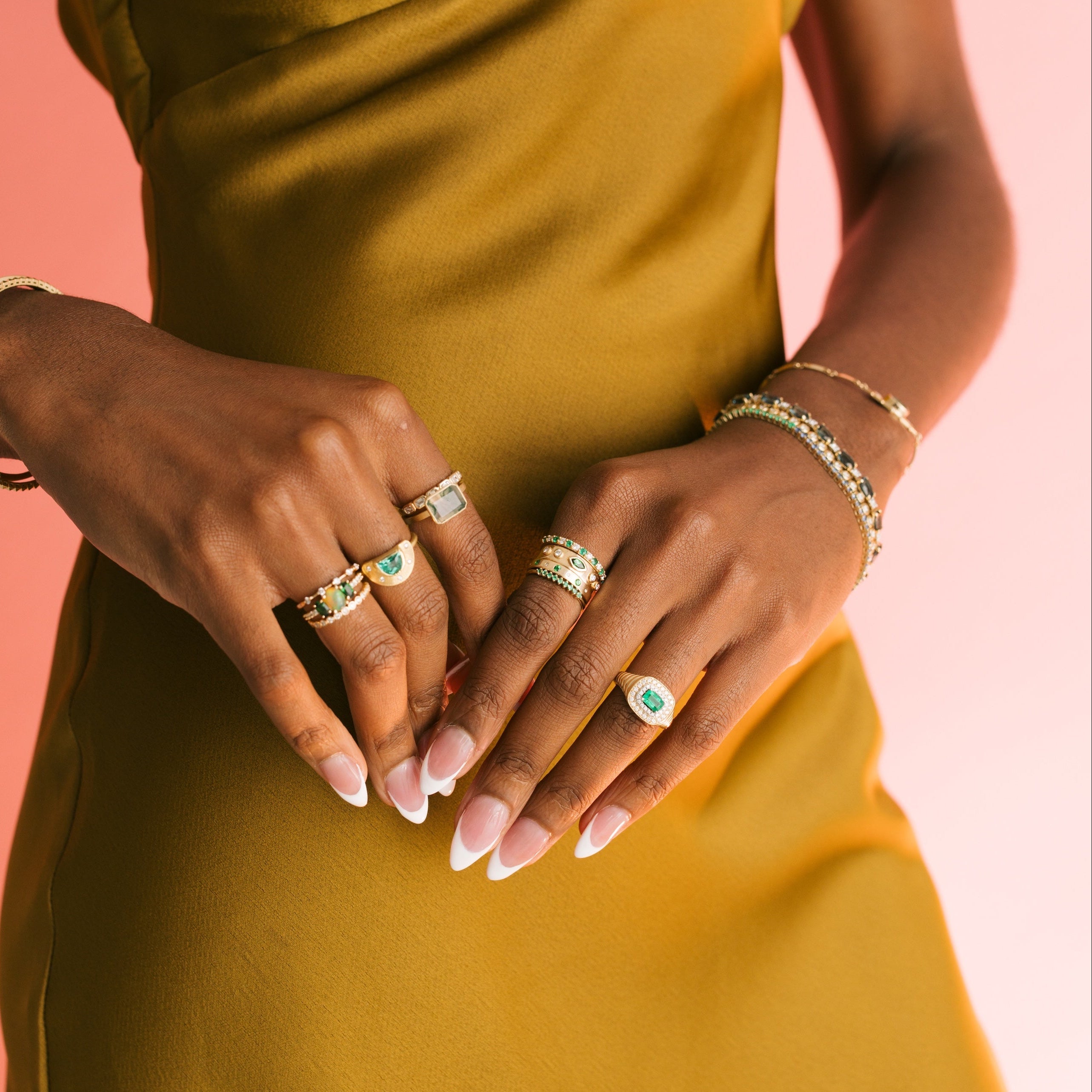 Emerald & Double Diamond Halo Signet Ring