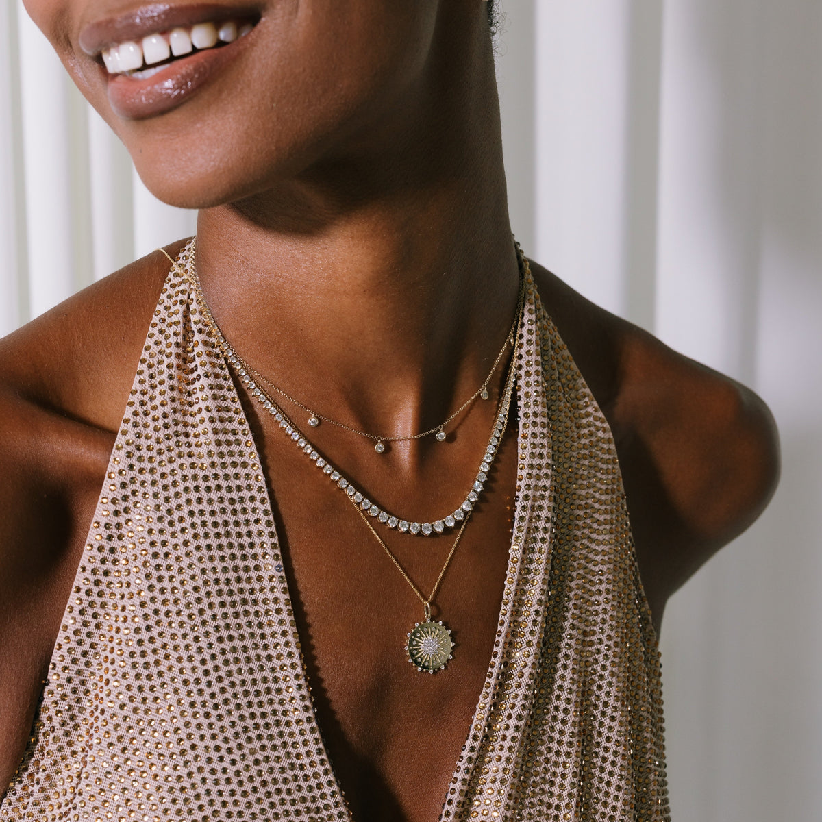 Diamond Sun Ray Disc Pendant Necklace