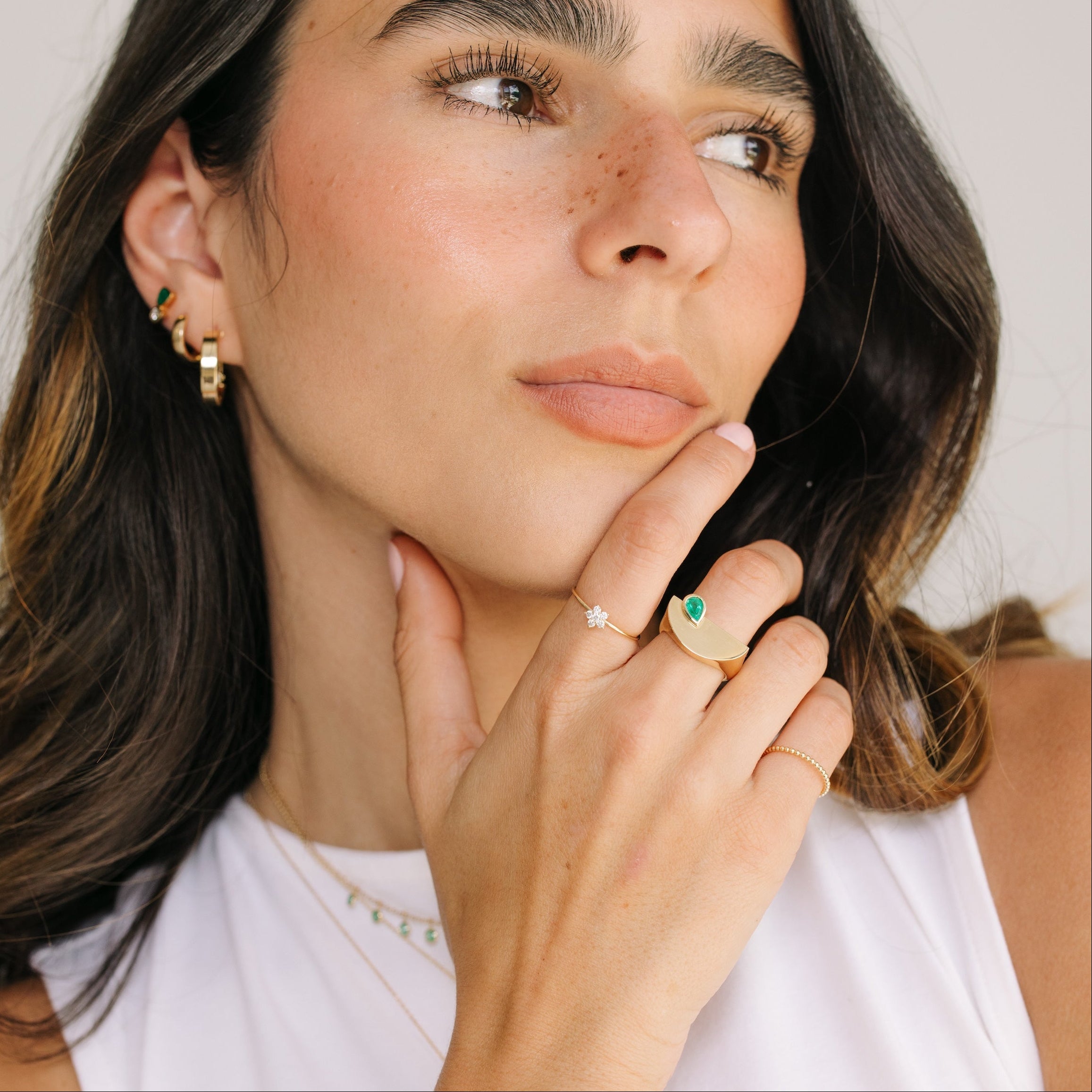 Pear Emerald Semi Circle Ring