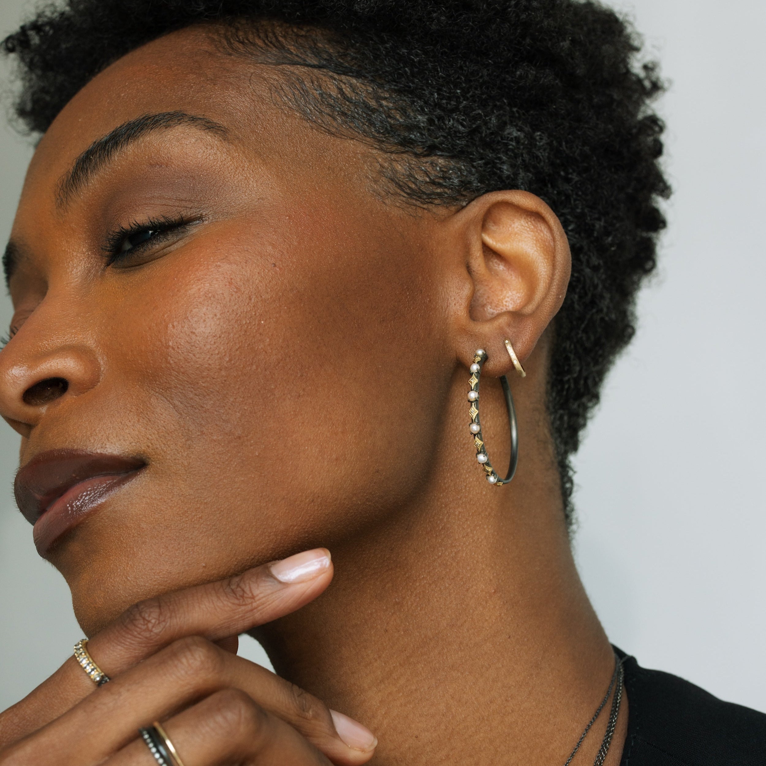 35mm Pearl & Champagne Diamond Hoop Earrings