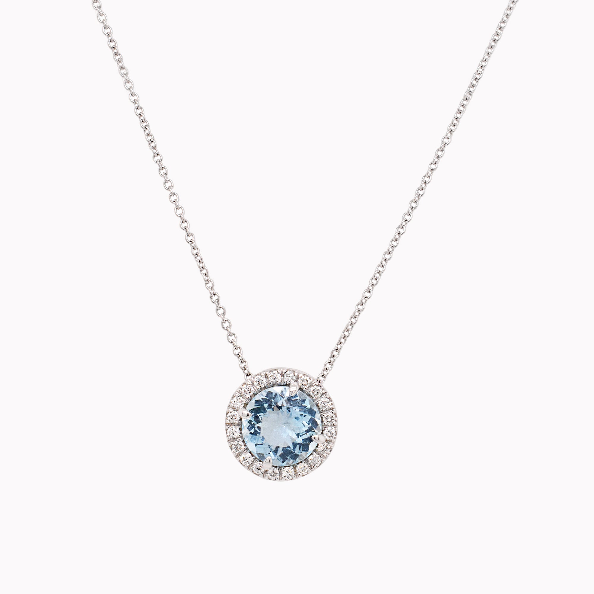 Aquamarine & Diamond Halo Pendant Necklace
