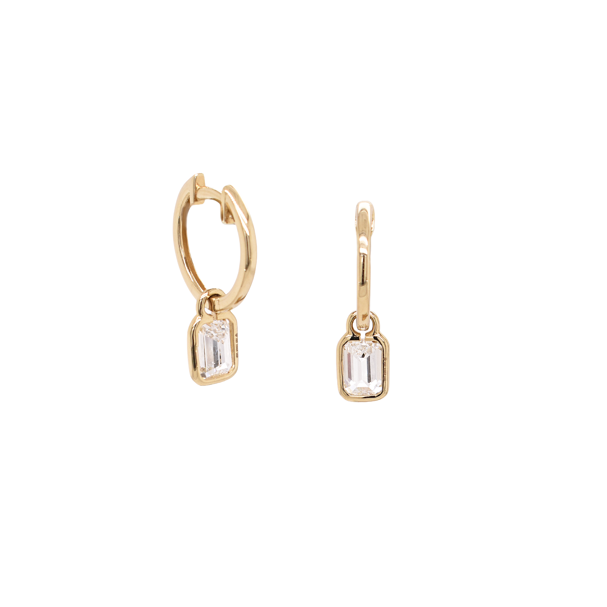 Emerald-Cut Bezel Diamond Dangle Huggies