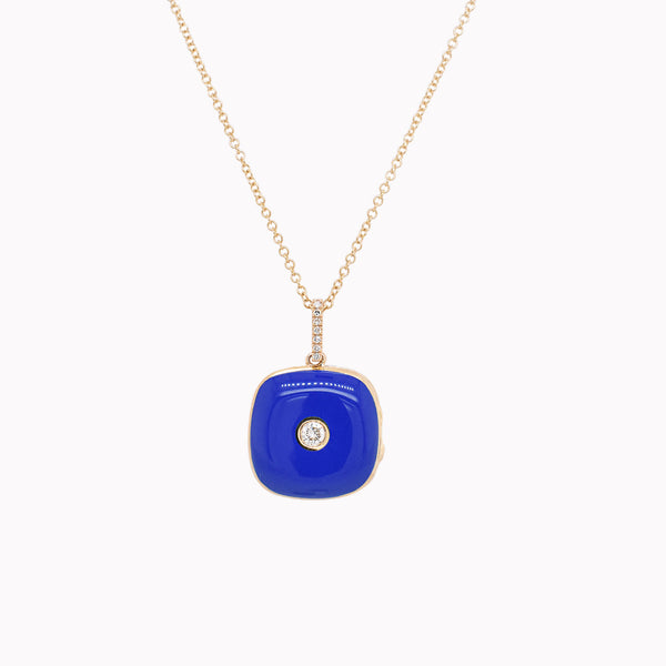 Blue Enamel Bezel Diamond Locket Necklace