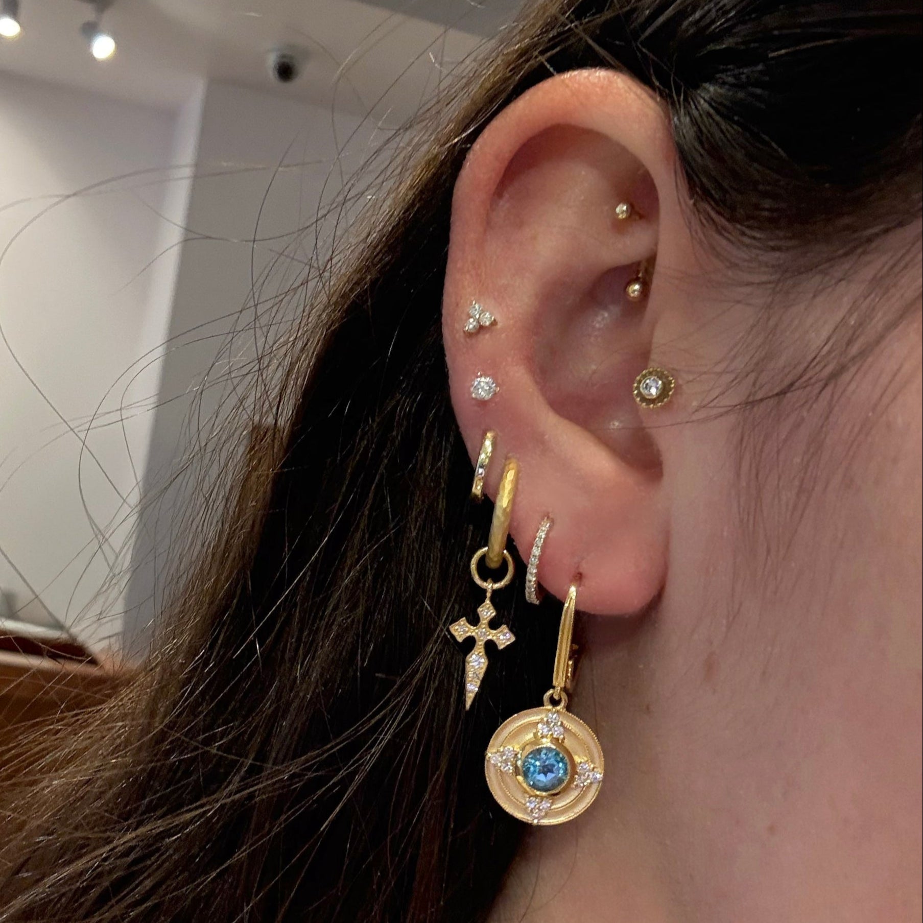 Blue Topaz & Diamond Medallion Dangle Earrings