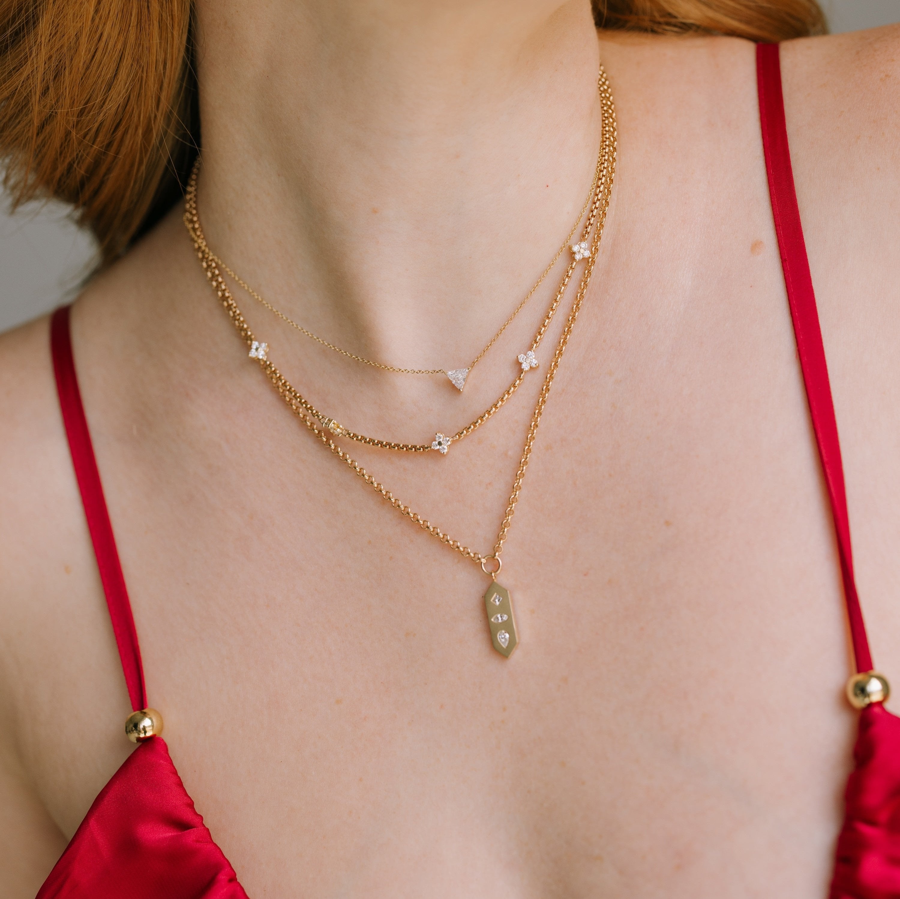 Diamond Mosaic Vertical Hexagon Tag Rolo Chain Necklace