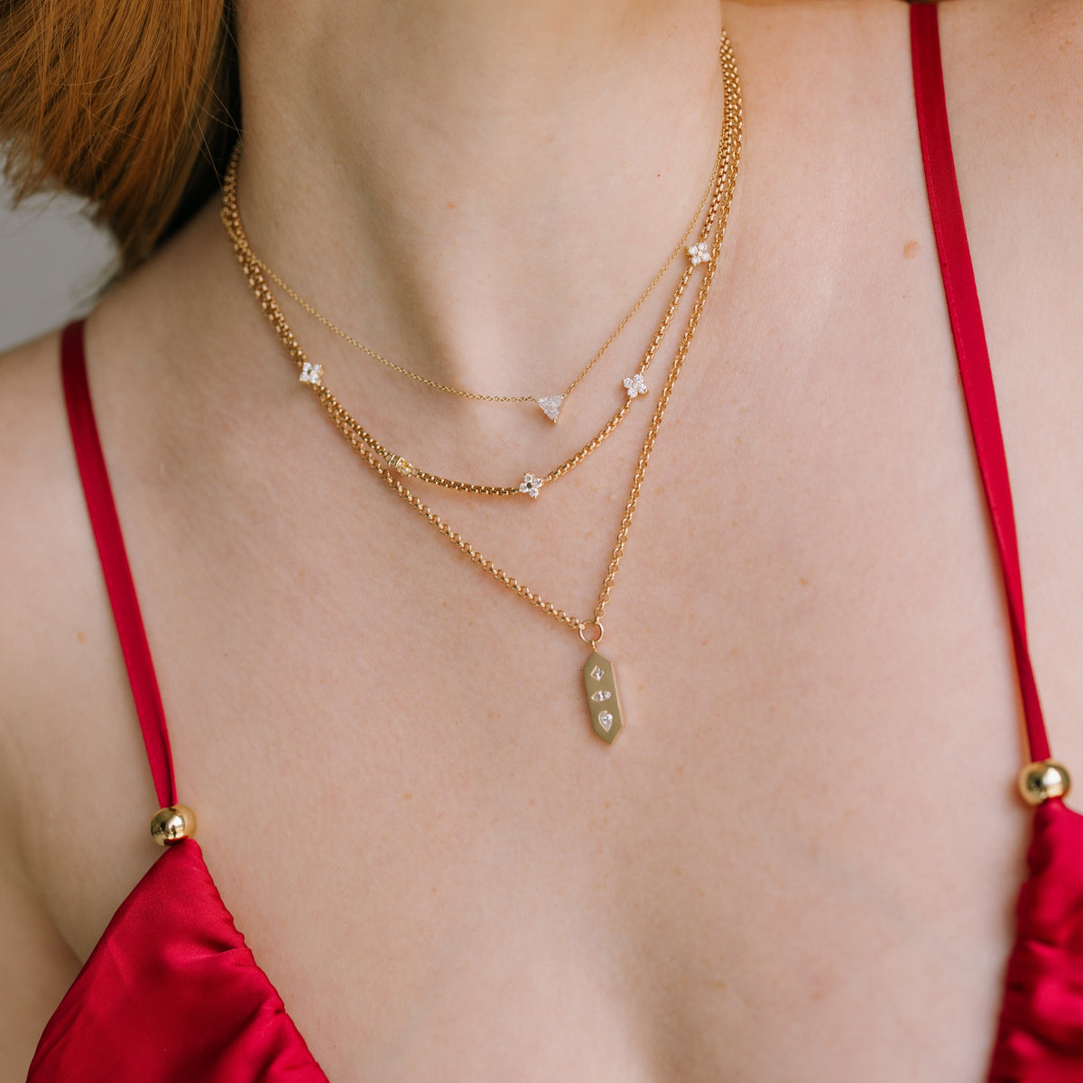 Diamond Mosaic Vertical Hexagon Tag Rolo Chain Necklace