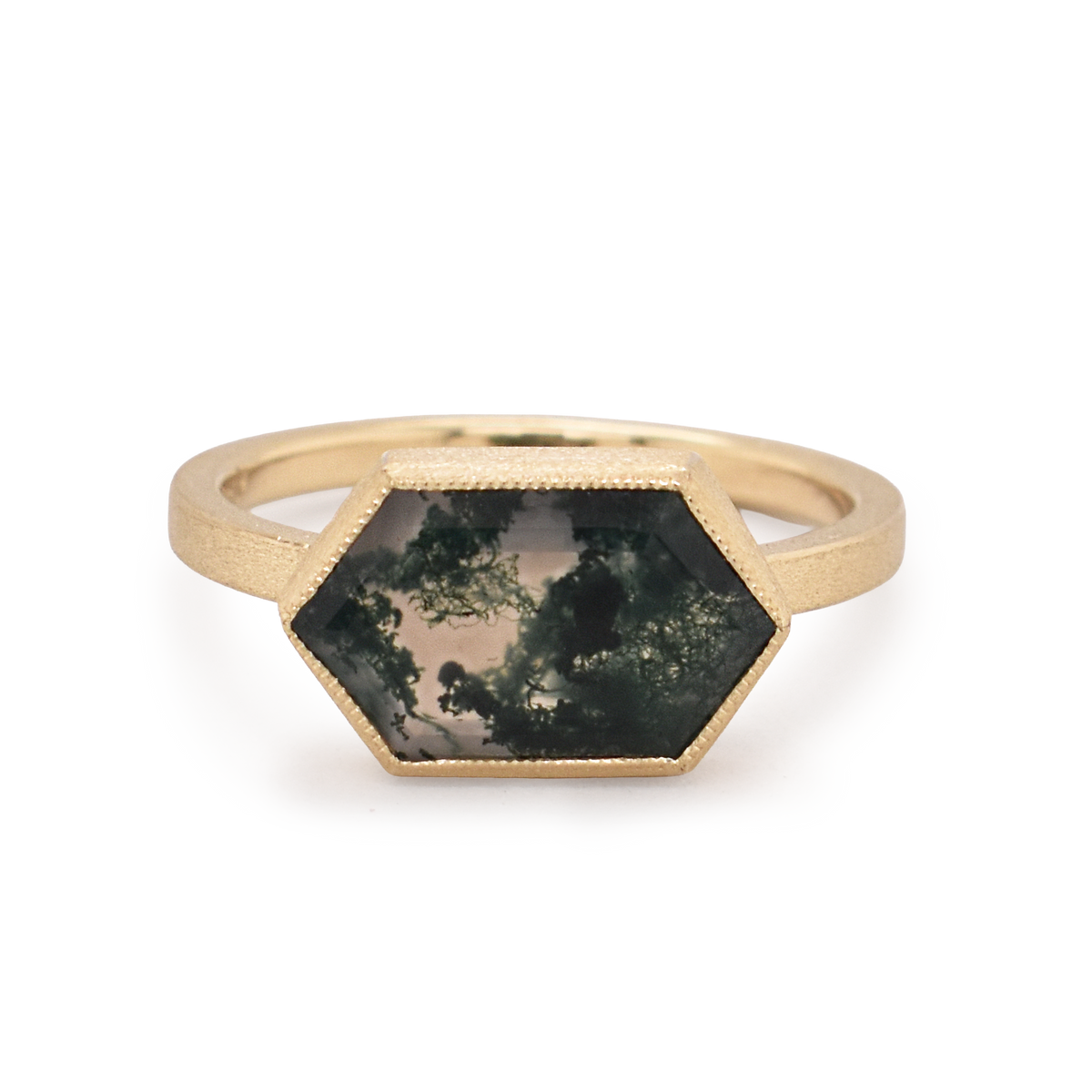 Elongated Hexagon Moss Agate Ring