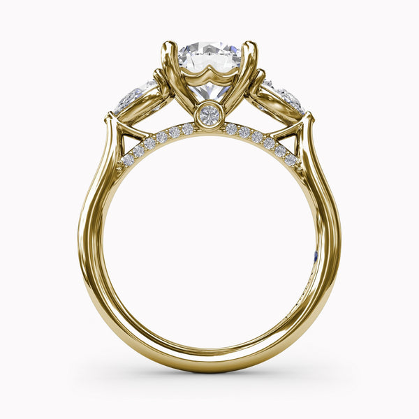 Three-Stone Ring With Pear Side Stones & Arch Halo Engagement Setting