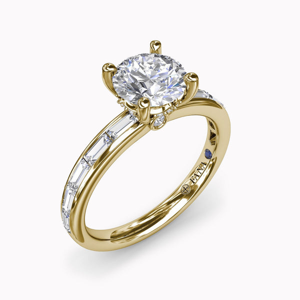 Classic Round Diamond Solitaire Engagement Ring Setting With Baguette Diamond Shank