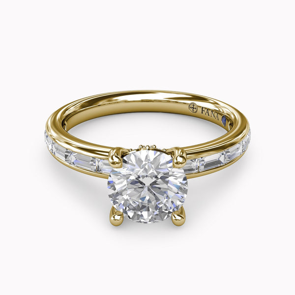 Classic Round Diamond Solitaire Engagement Ring Setting With Baguette Diamond Shank