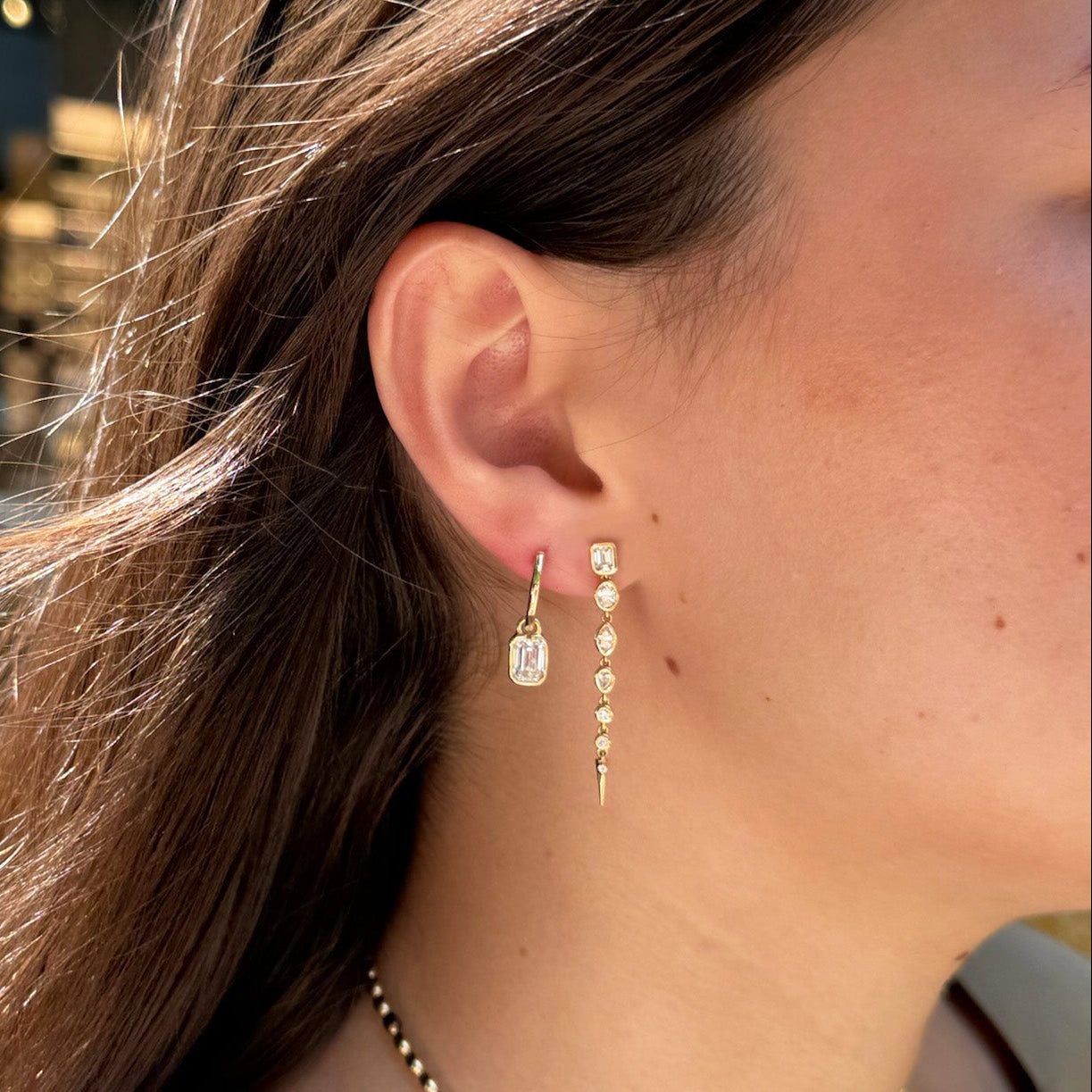 Lab-Grown Emerald-Cut Bezel Diamond Dangle Huggies