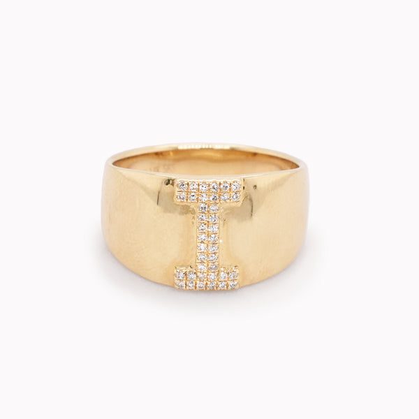 Diamond Initial "I" Wide Signet Ring