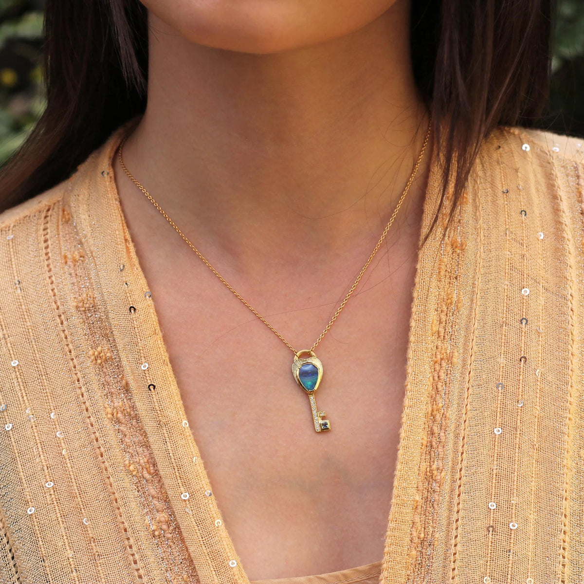 Opal Key & Aquamarine Accent Necklace