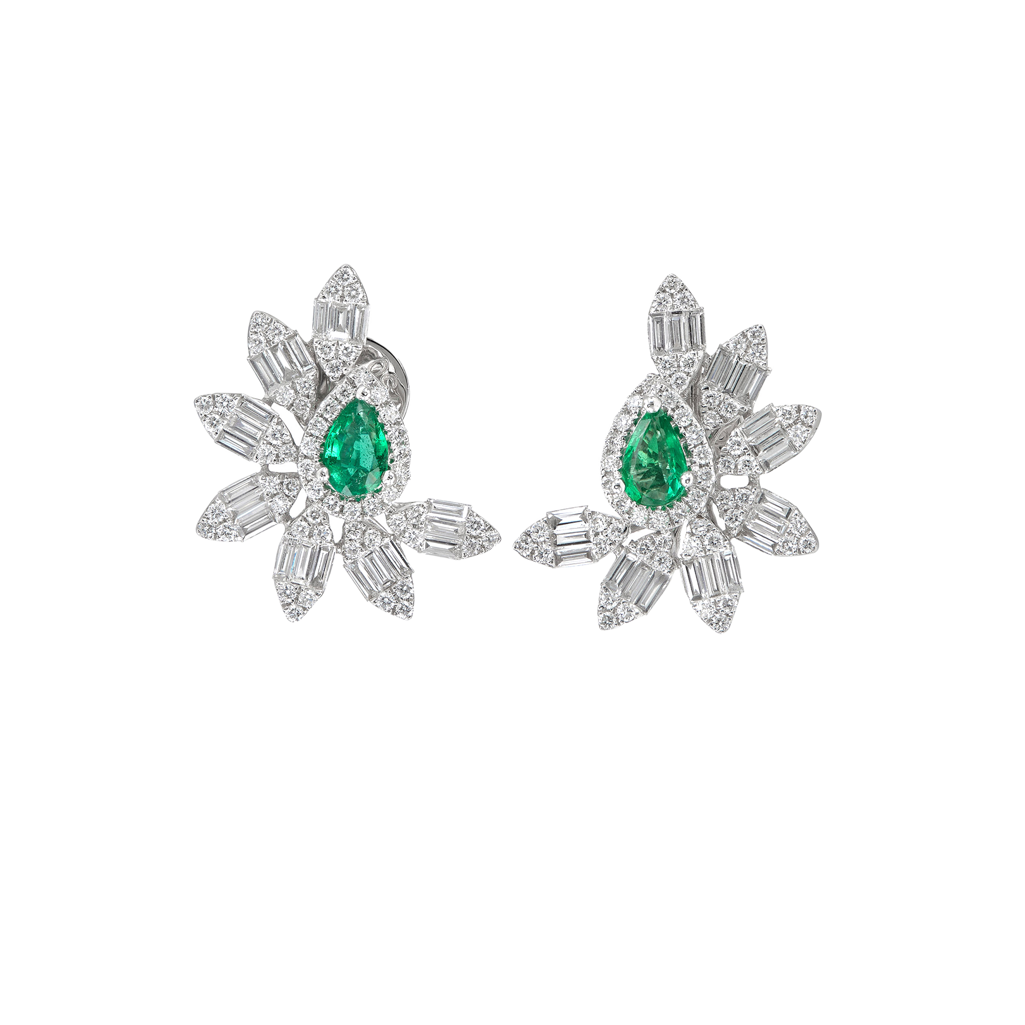 Pear Emerald & Diamond Half Flower Earrings