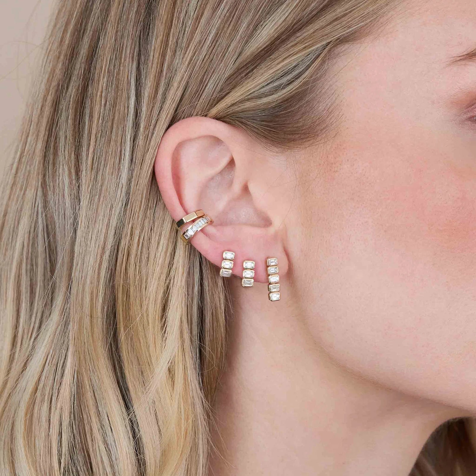 3 Horizontal Emerald-Cut Diamond Tennis Drop Studs