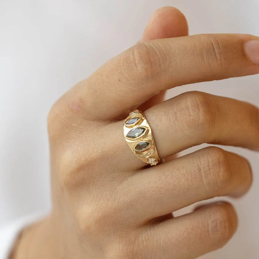 Marquise Tourmaline Trio & Diamonds Moon Ring