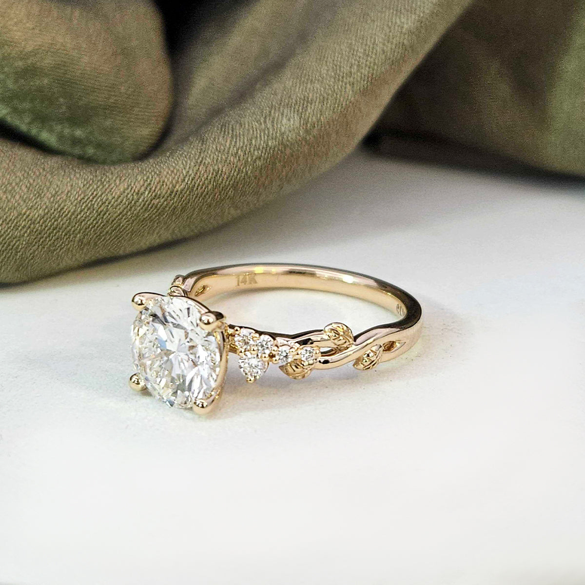 1.59ct White Diamond on a Twisted Band with Leaves and EP Finley Setting Style Side Stones