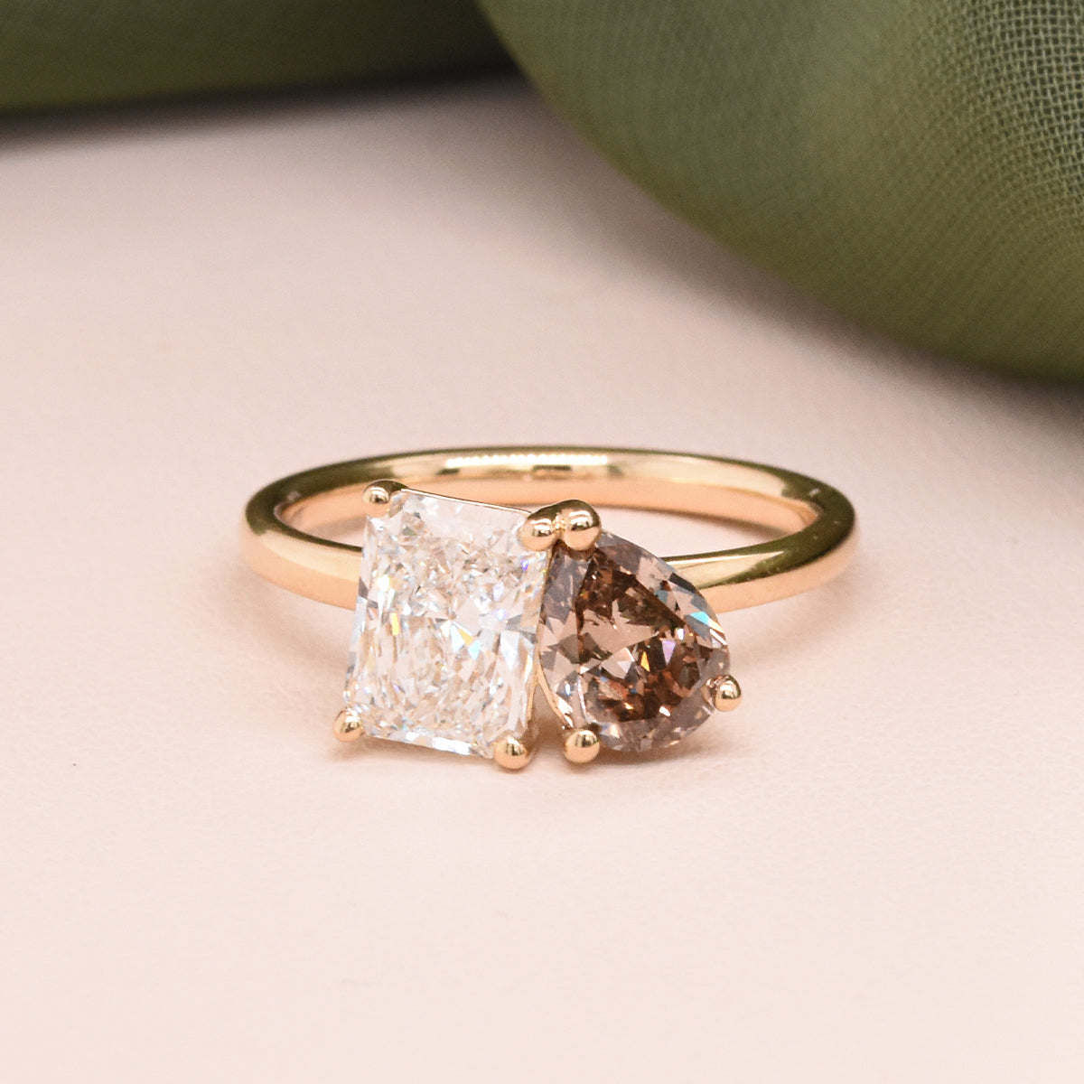 Raised Toi Et Moi Setting Featuring a 1.58ct Radiant-Cut Lab Grown White Diamond & a 1.02ct Pear-Cut Dark Champagne Diamond