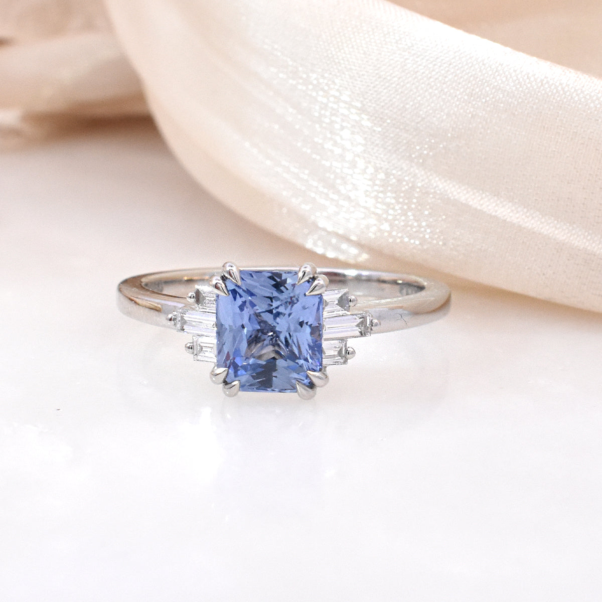 2.27ct Radiant Cushion-Cut Ceylon Sapphire with Horizontal Baguette Diamond Side Stones in Platinum
