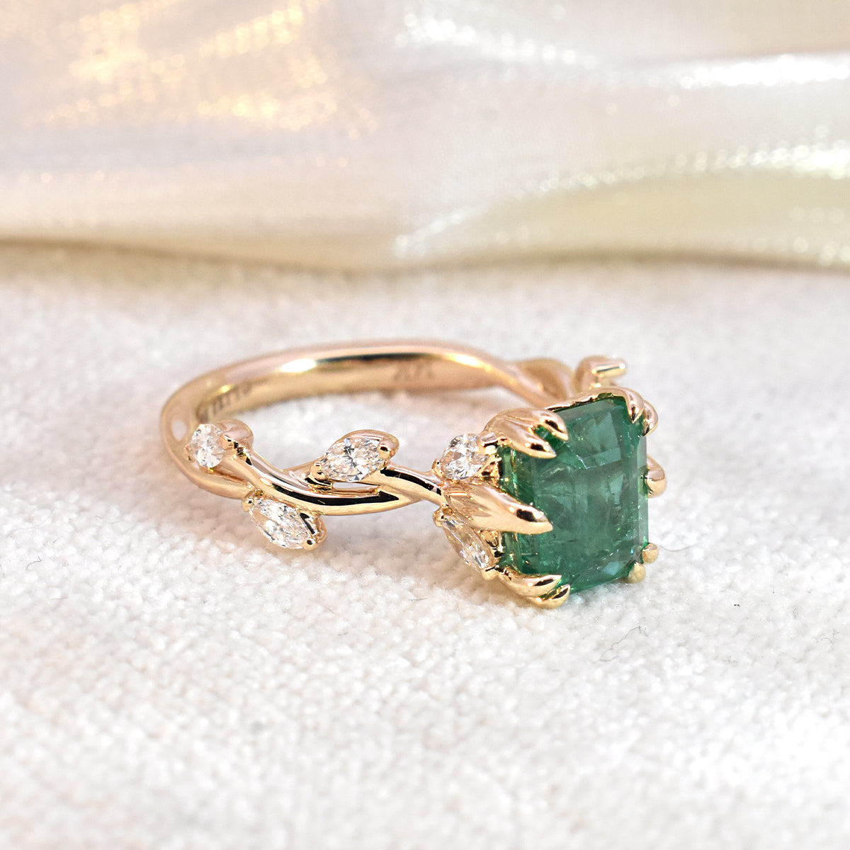 2.16ct Emerald-Cut Emerald with Marquise Leaf Diamonds on a Twisted Vine Band