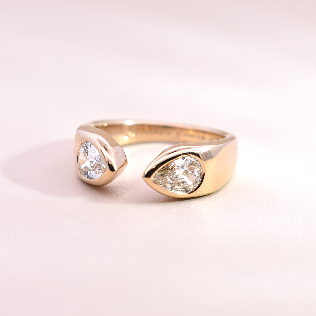 .41ct & .44ct Flush Set Heirloom Pear Diamonds Open Shank Dome Band with Engraving Details