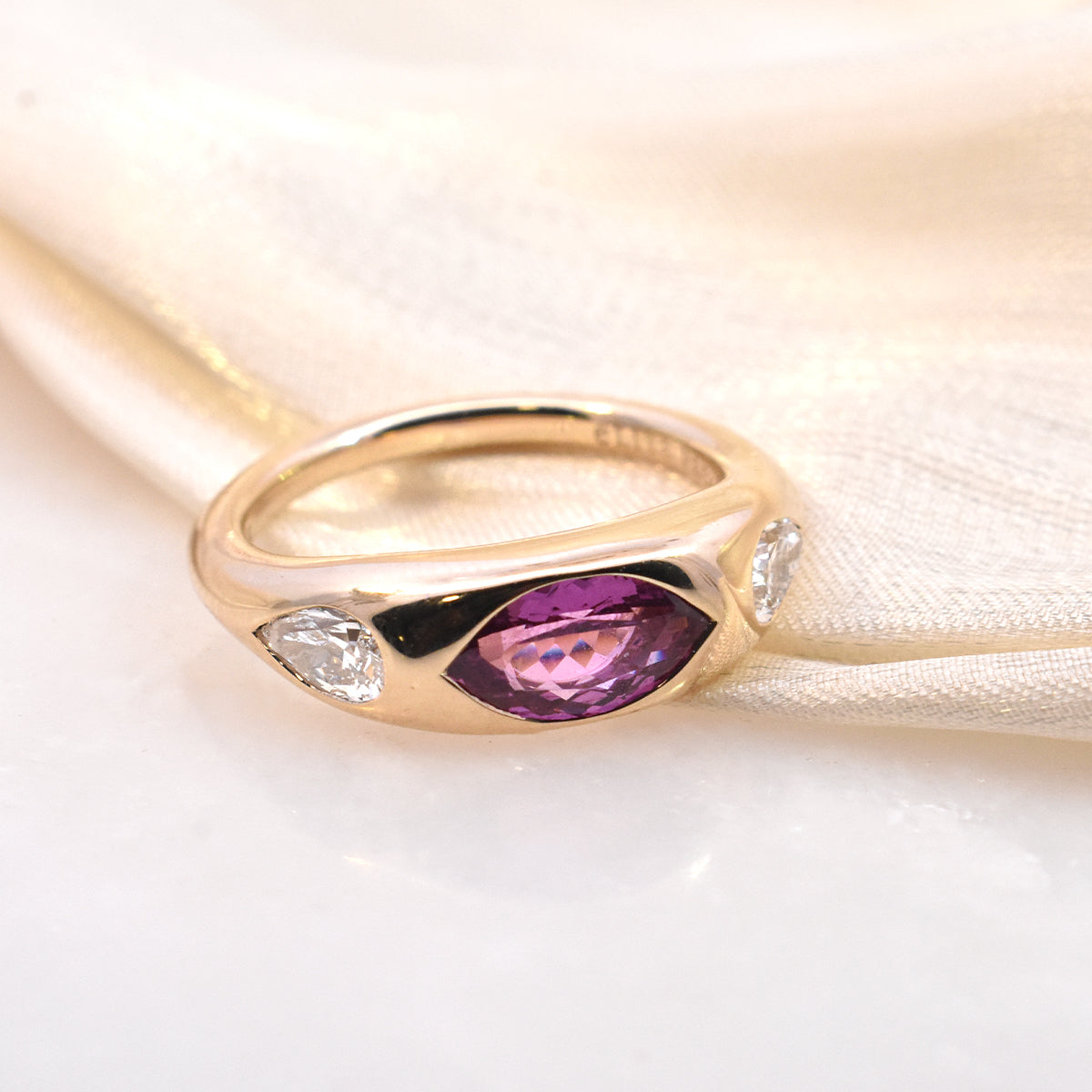 Marquise Pink Sapphire & Pear Lab-Grown Diamond Sides Stone Flush Set on a Dome Ring