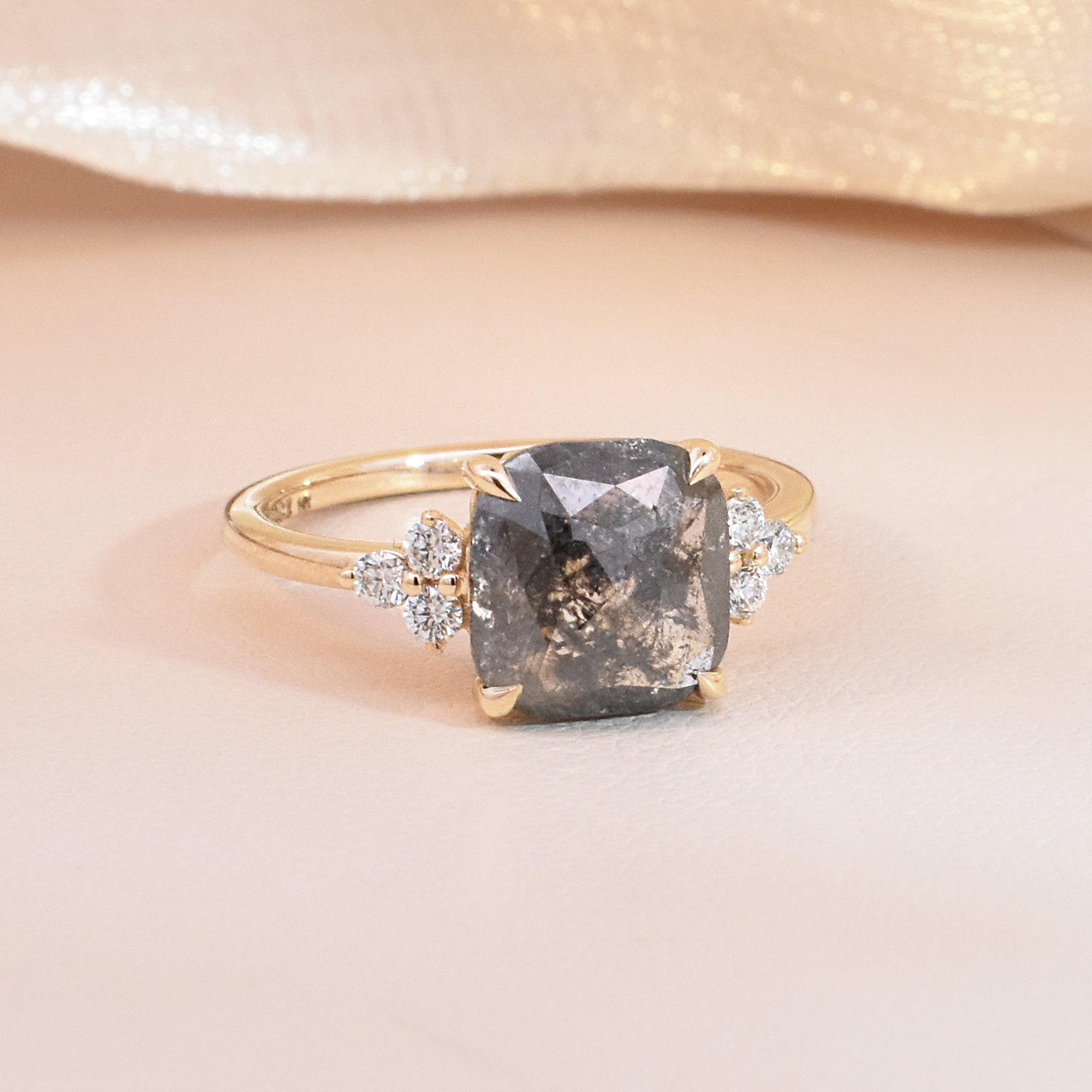 1.75ct Slightly Oblong Cushion-Cut Salt & Pepper Diamond In EP Anne Setting w/ Single Claw Prongs