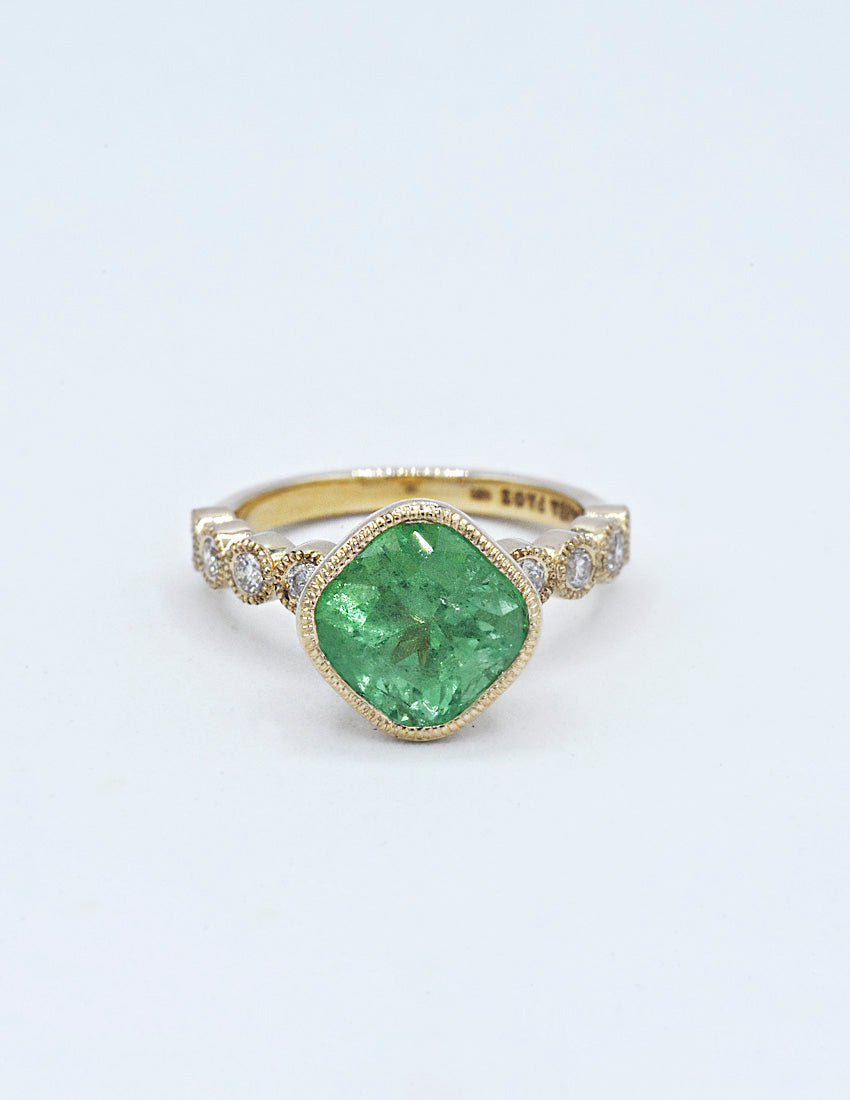 Heirloom Emerald and White Diamond Milgrain Setting in 14k Yellow Gold