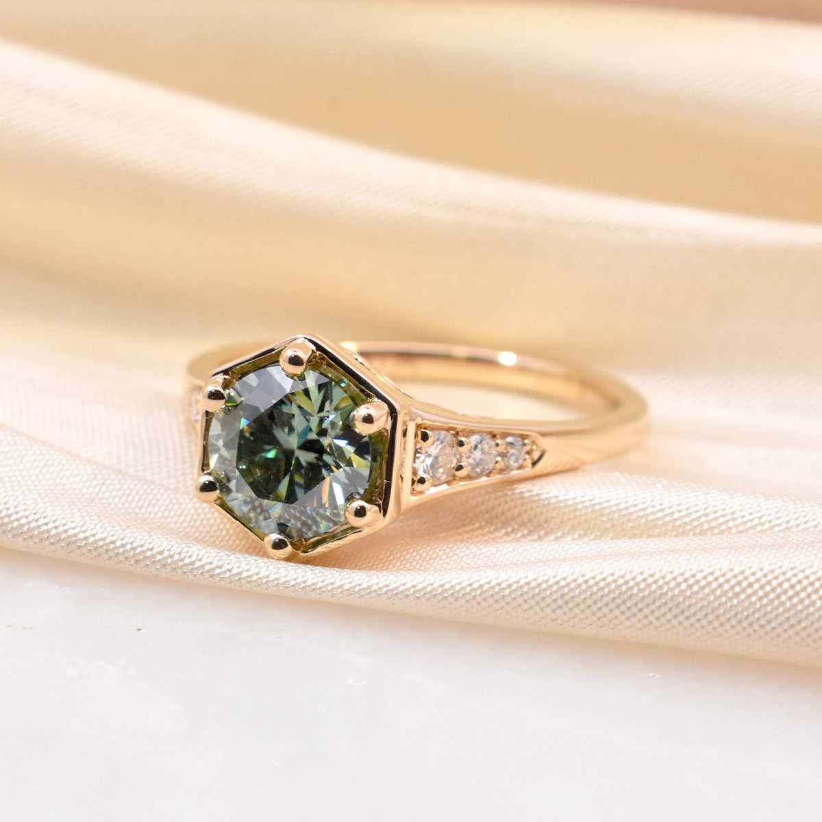 Teal Moissanite & Diamond Side Stones in EP Cherí Engagement Ring Setting