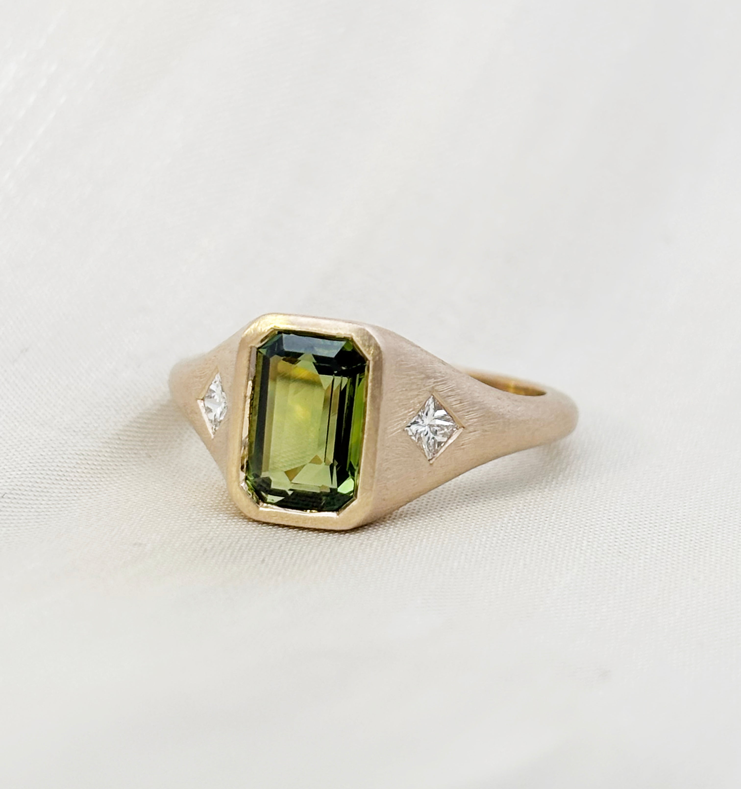 1.925ct Natural Olive Green Emerald-Cut Sapphire & Diamond Accent Signet Style Engagement Ring