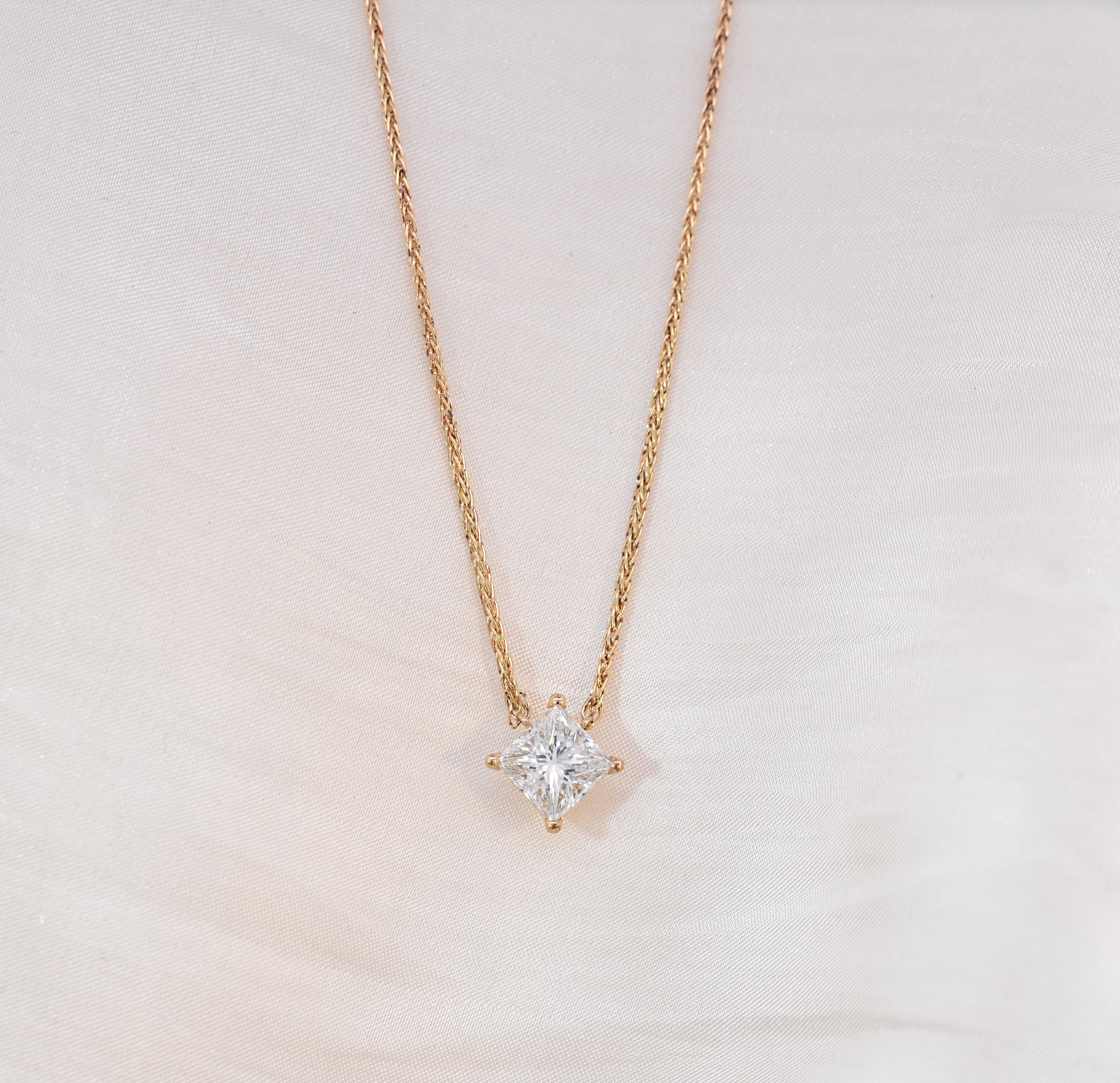 Heirloom Princess-Cut Diamond Prong-Set Hanging From a Wheat Chain