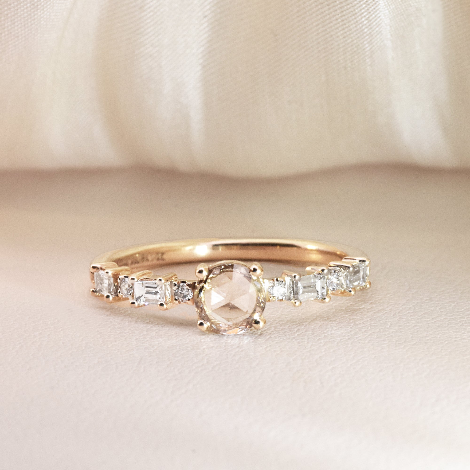 0.38ct Rose-Cut Champagne Diamond with 0.12ct Round & 0.20ct Baguette White Diamonds in EP Eleanor Setting
