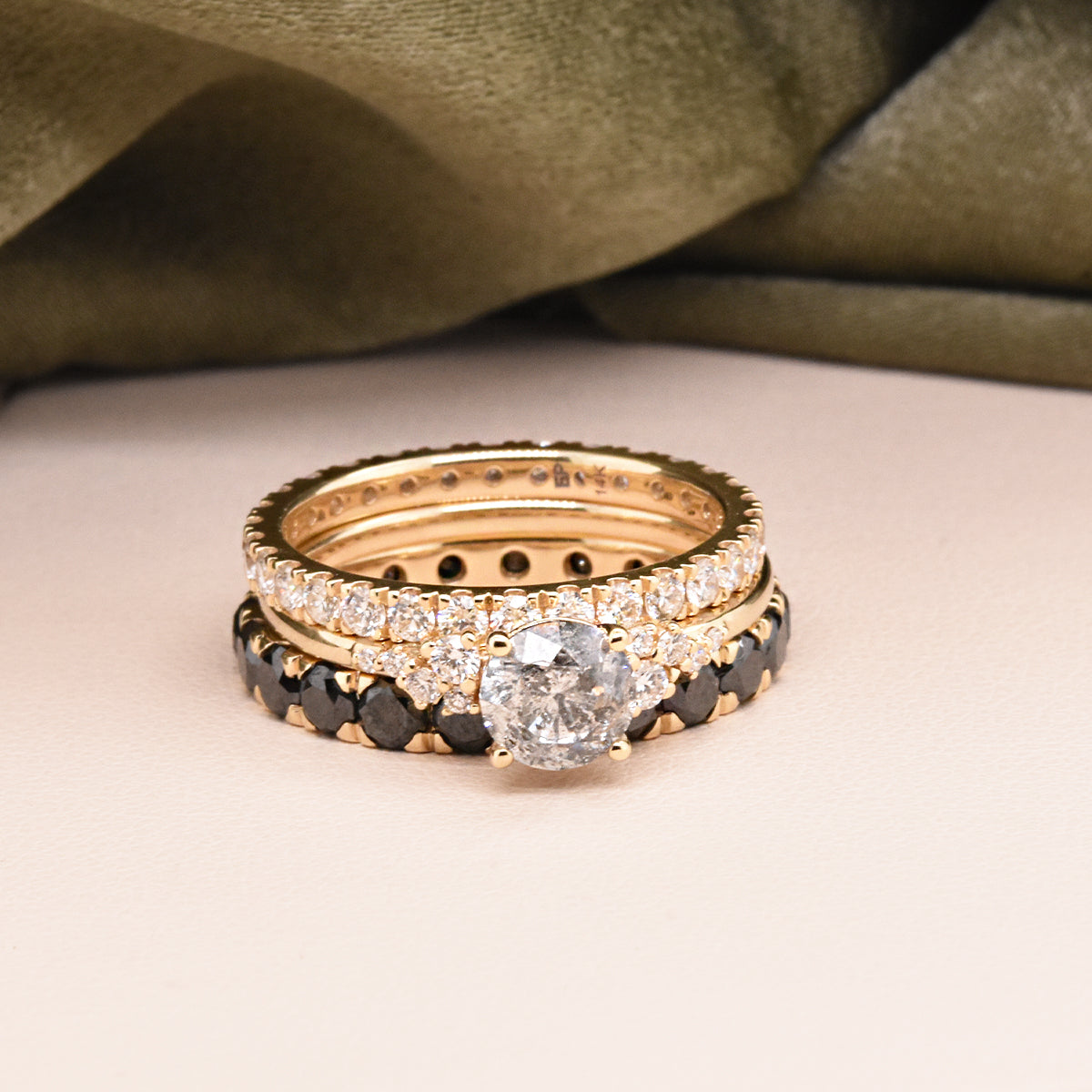 1.045ct Round Salt & Pepper Diamond in EP Finley Setting with Black Diamond & White Diamond Eternity Rings