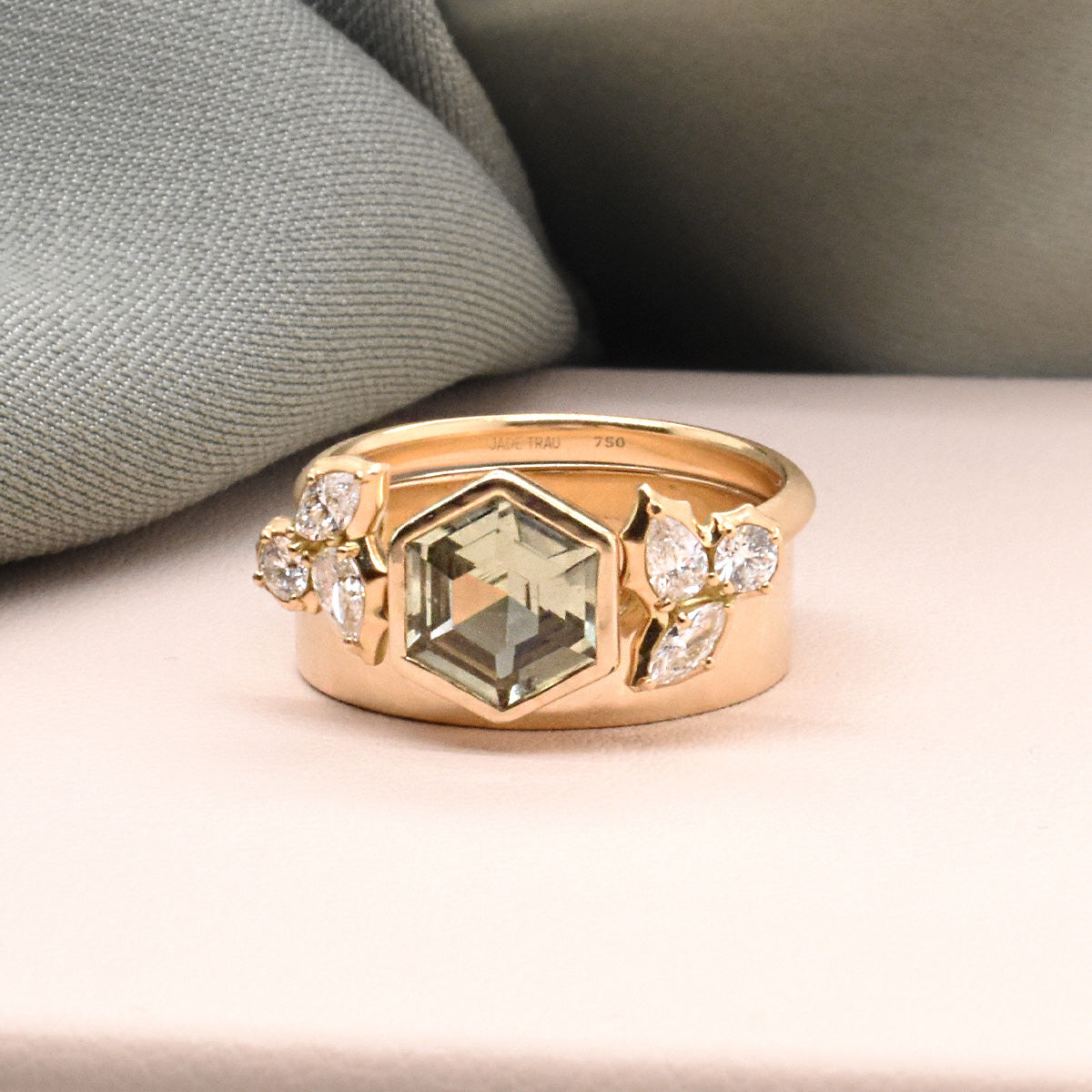 6mm Band with Lifted Custom Bezel Hexagon Mint Green Sapphire & an Open Posey Jade Trau Diamond Contour Ring
