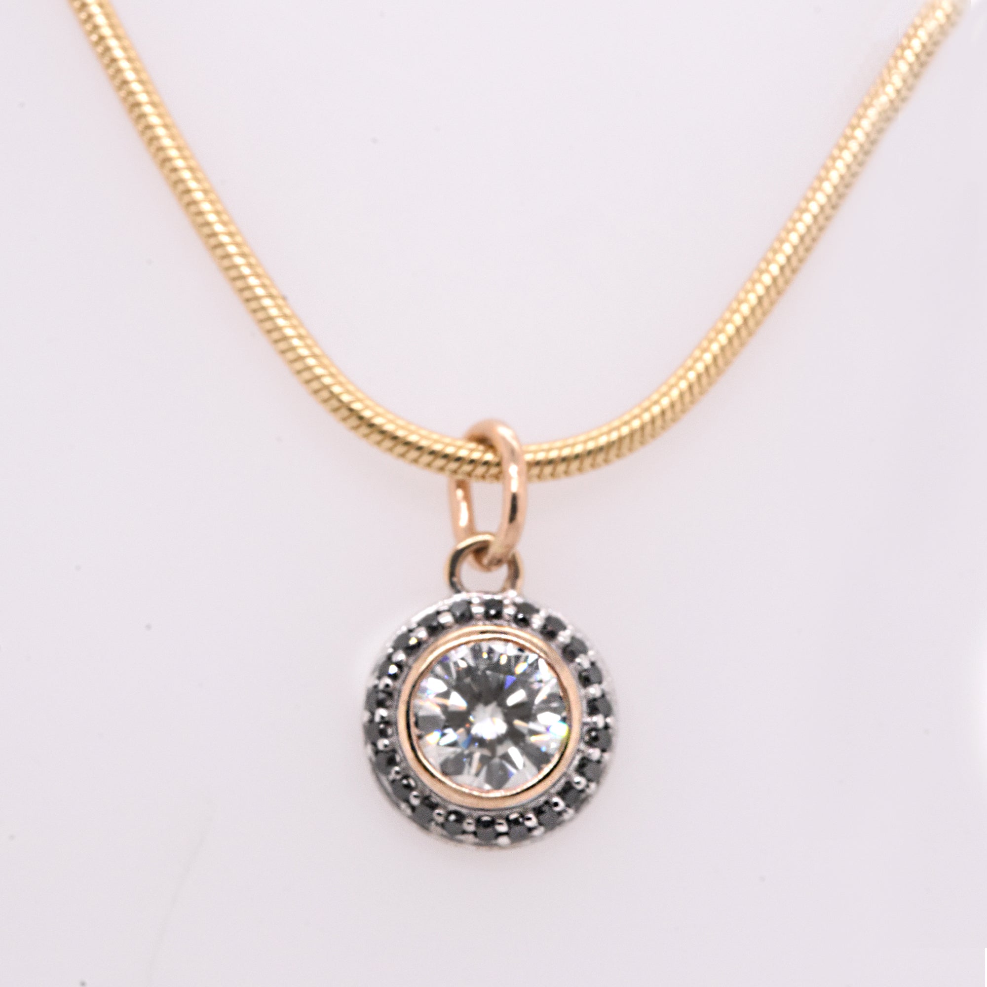 Two-Tone Black Rhodium and 14k Yellow Gold Pendant with Black Diamonds on a Snake Chain