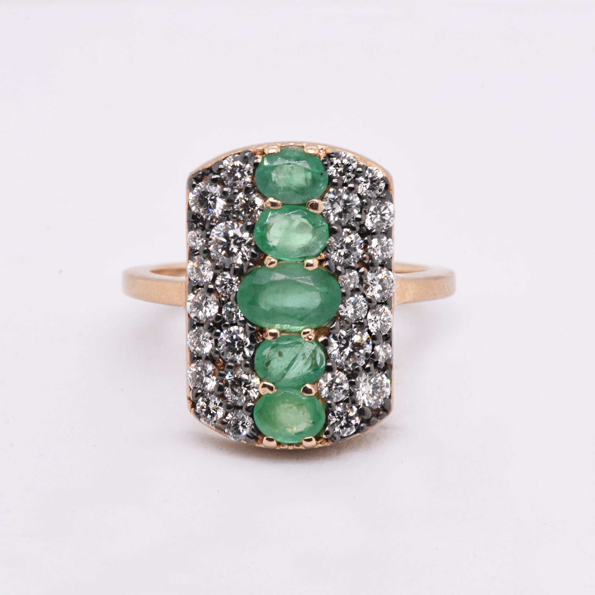 Oval Emerald Dogtag Ring with Pave White Diamonds in a Two-Tone 14k Yellow Gold and Black Rhodium Plated 14k White Gold Setting