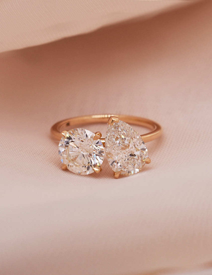 Round & Pear White Diamond Toi Et Moi Setting in 14k Yellow Gold