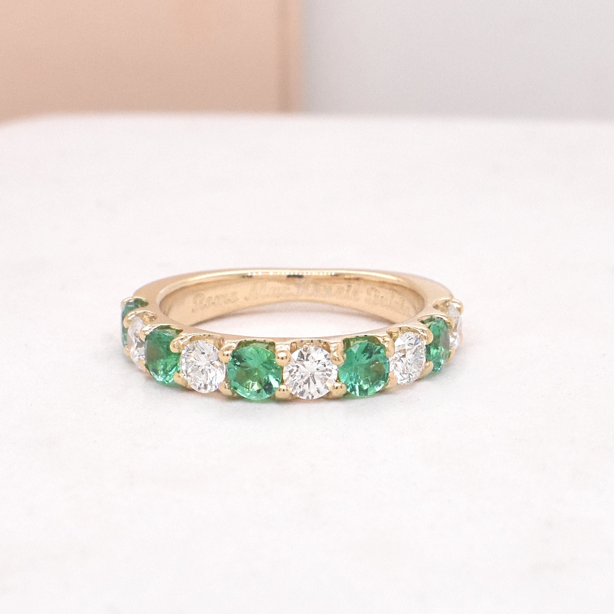1ct Alternating Round Emerald & White Diamonds Shared Prong Wedding Band with Custom Engraving