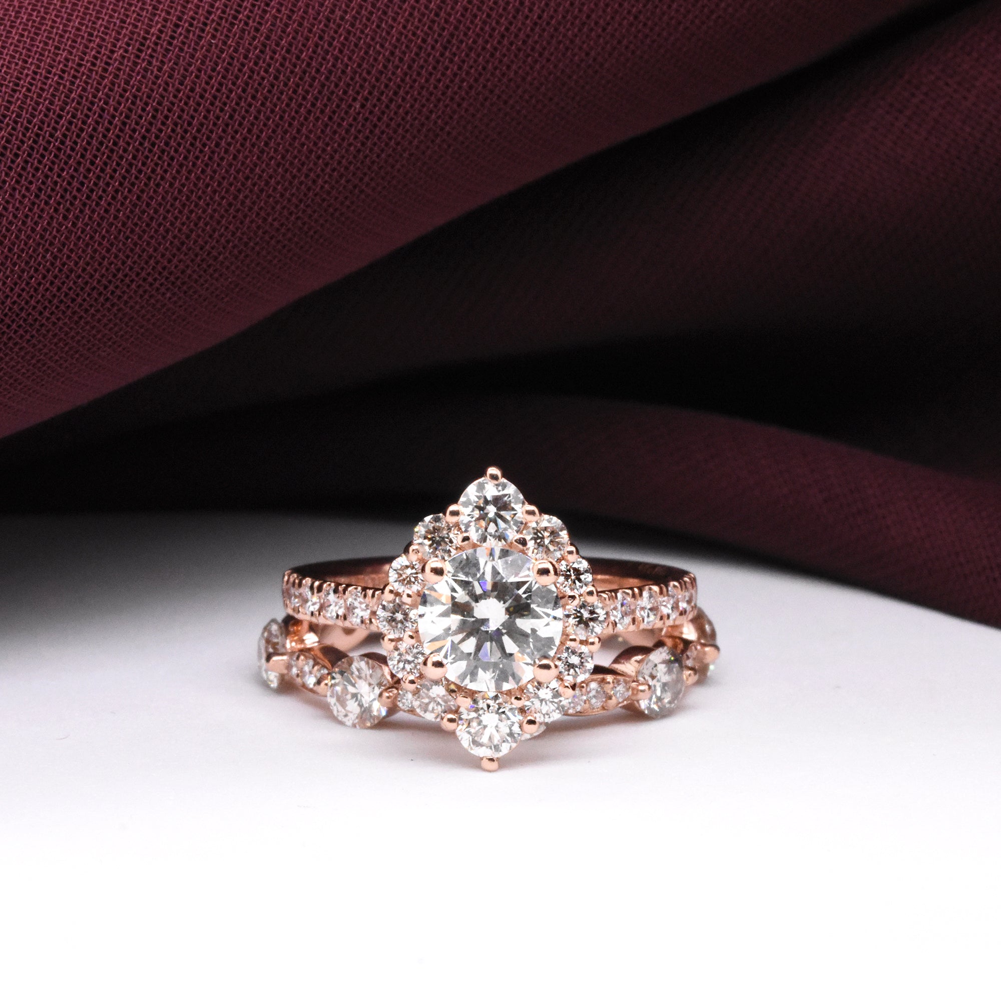 1ct Round Natural Heirloom Diamond Halo Engagement Ring and Matching Contour Band in 14k Rose Gold