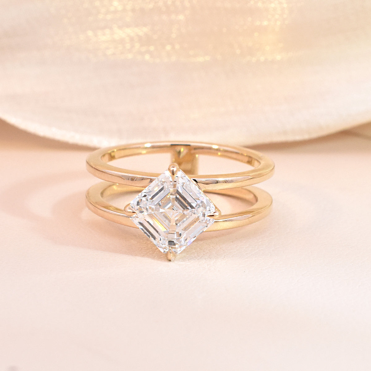 2.05ct Asscher-Cut Lab Grown Diamond on an Open Double Band Shank with Compass Basket Setting