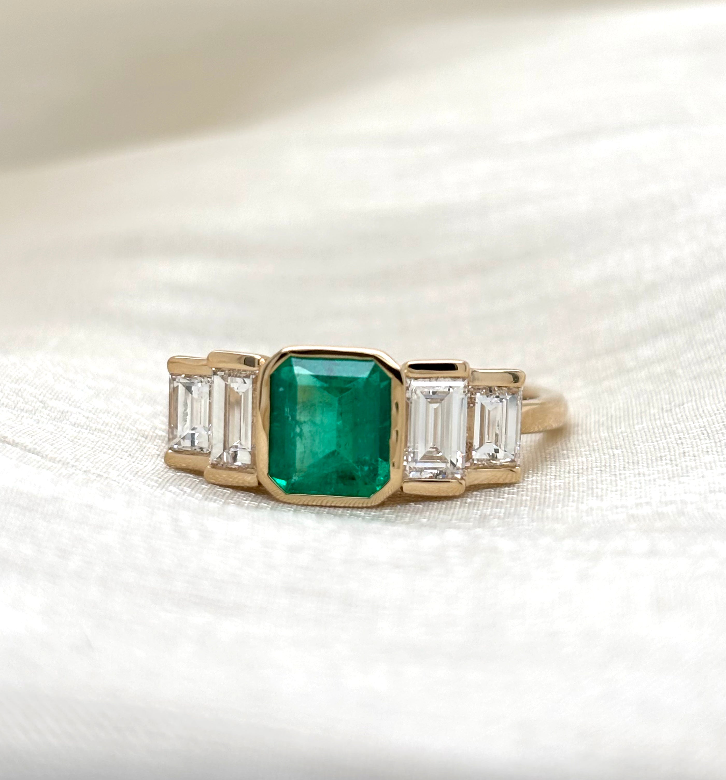1ct Natural Columbian Emerald-Cut Emerald with Tapered Diamond Baguette Side Stones