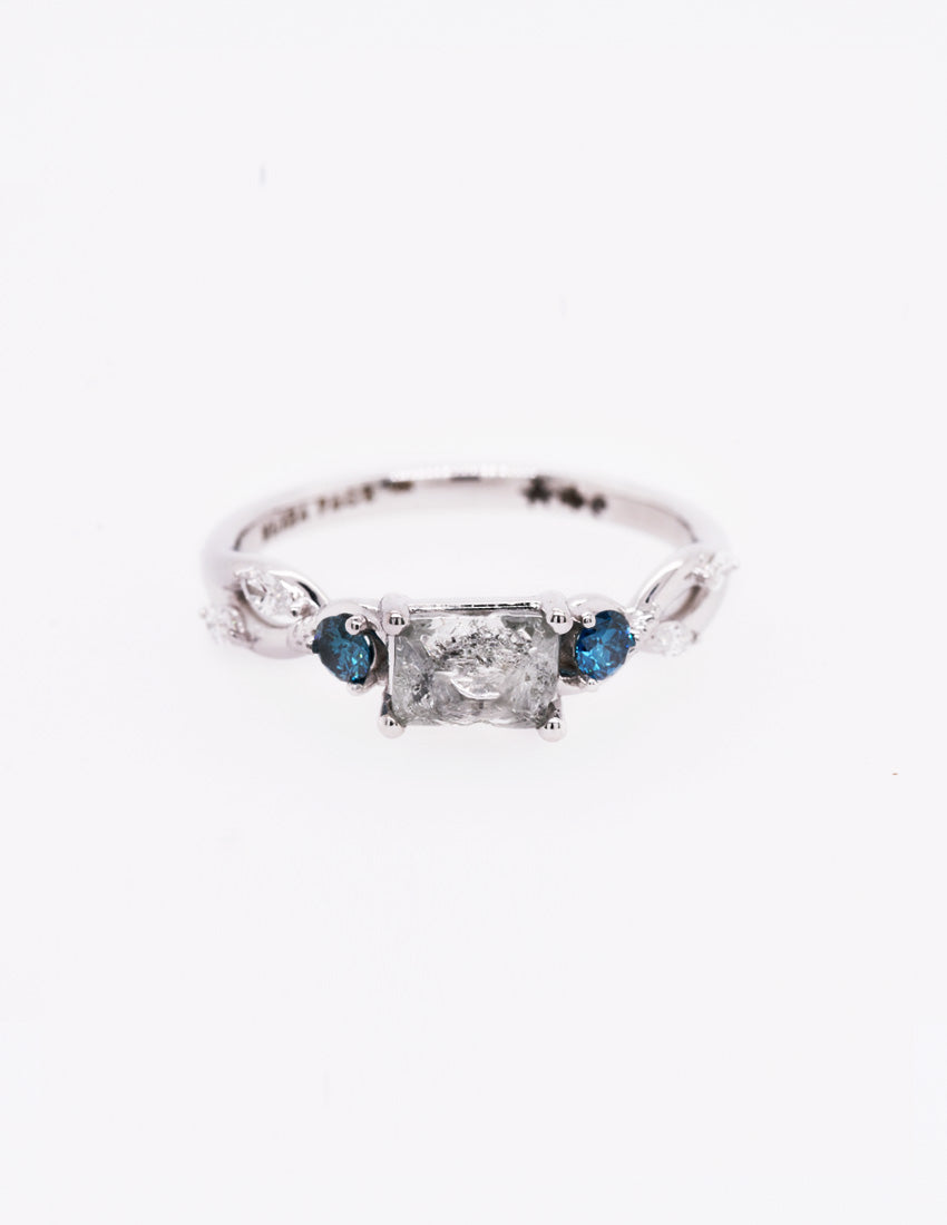 1.12ct Rough Salt & Pepper Diamond with Round Blue Diamond and White Diamond Marquise Side Stones in 14k White Gold