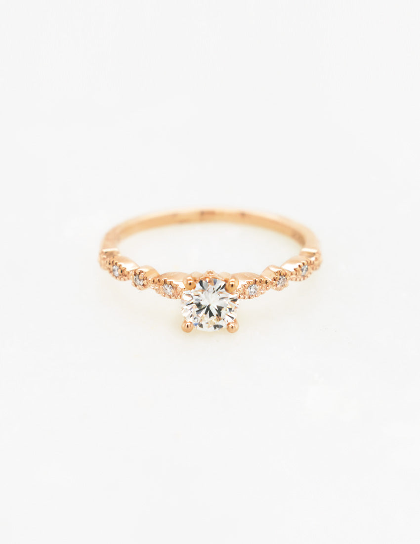 Heirloom Round White Diamond in an Alternating Teardrop and Round Milgrain Setting in 14k Rose Gold
