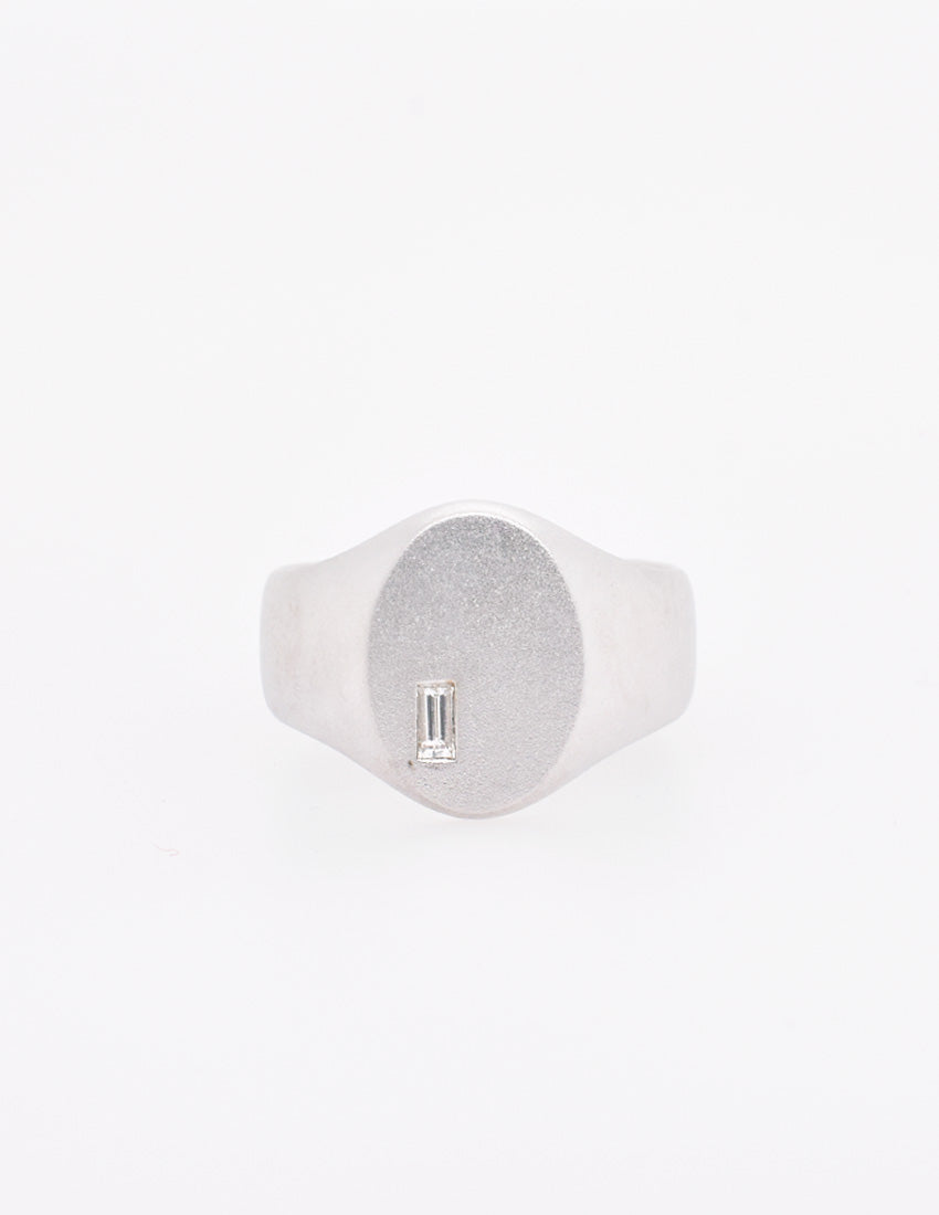 Sterling Silver Men's Signet Ring Featuring a Flush-Set White Baguette Diamond
