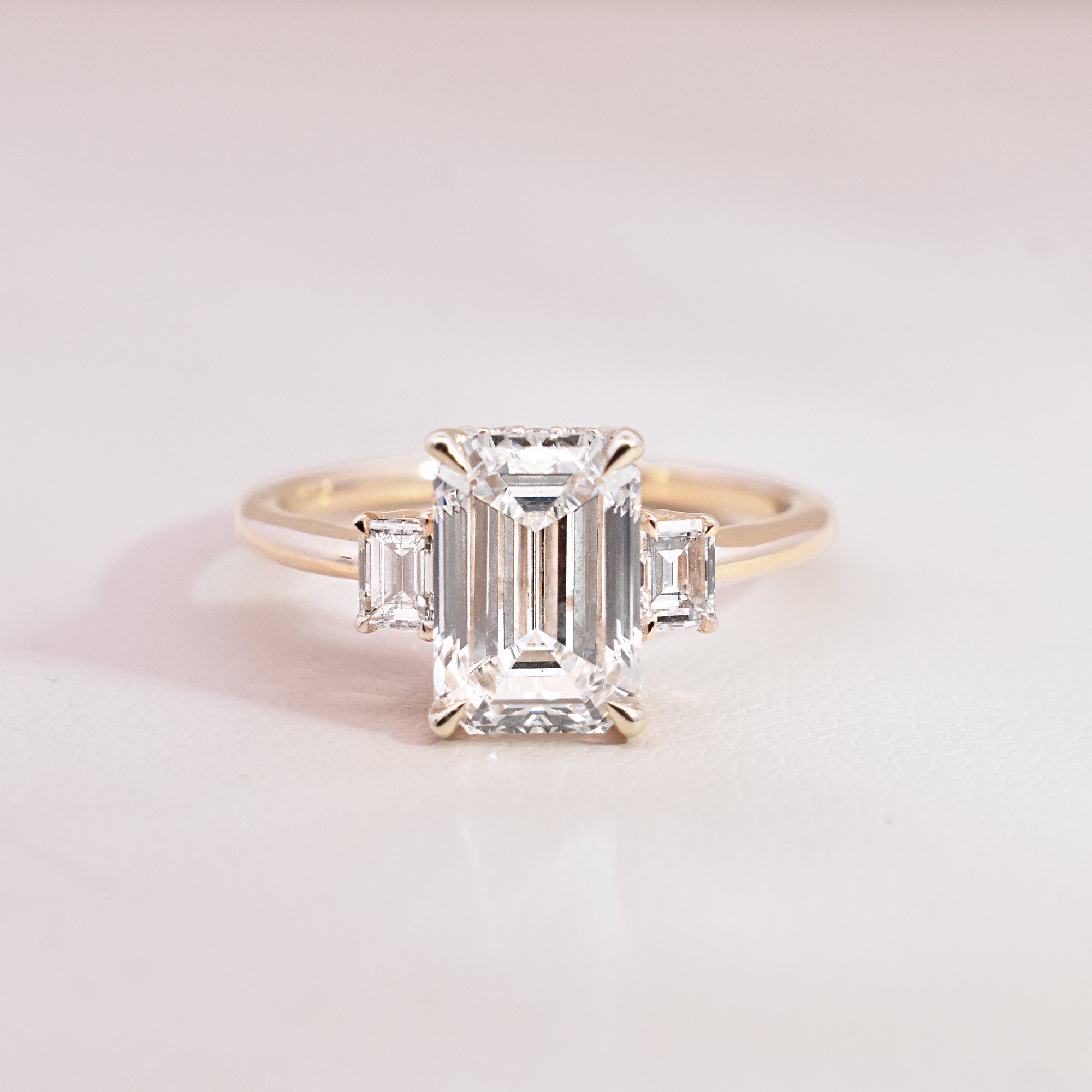 2.54ct Emerald-Cut Lab Grown White Diamond with Two Baguette Diamond Side Stones & Hidden Halo