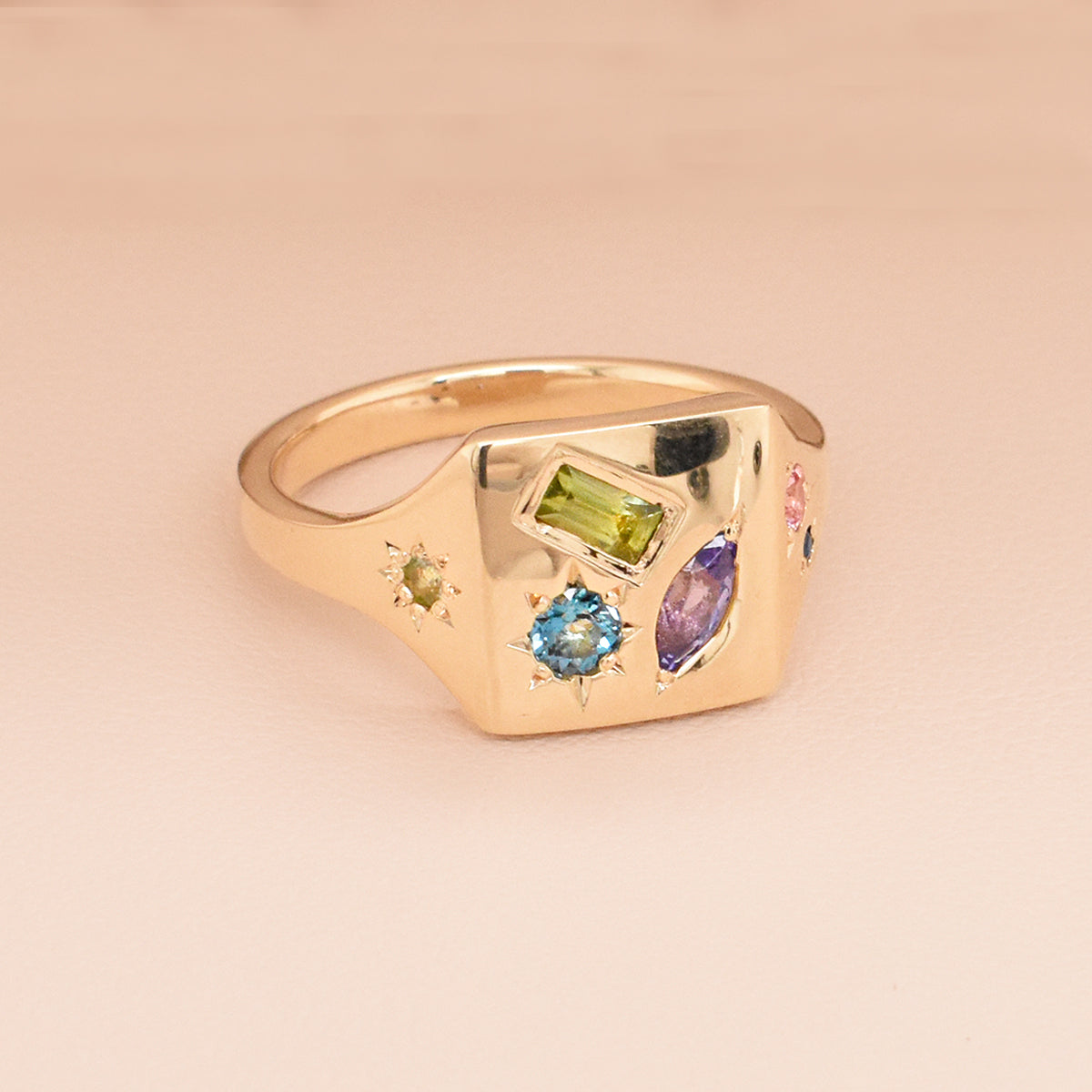 'Star Set' Signet Ring Featuring Pink Sapphire, Blue Sapphire, Lavender Tanzanite, Green Sapphire, & Blue Topaz