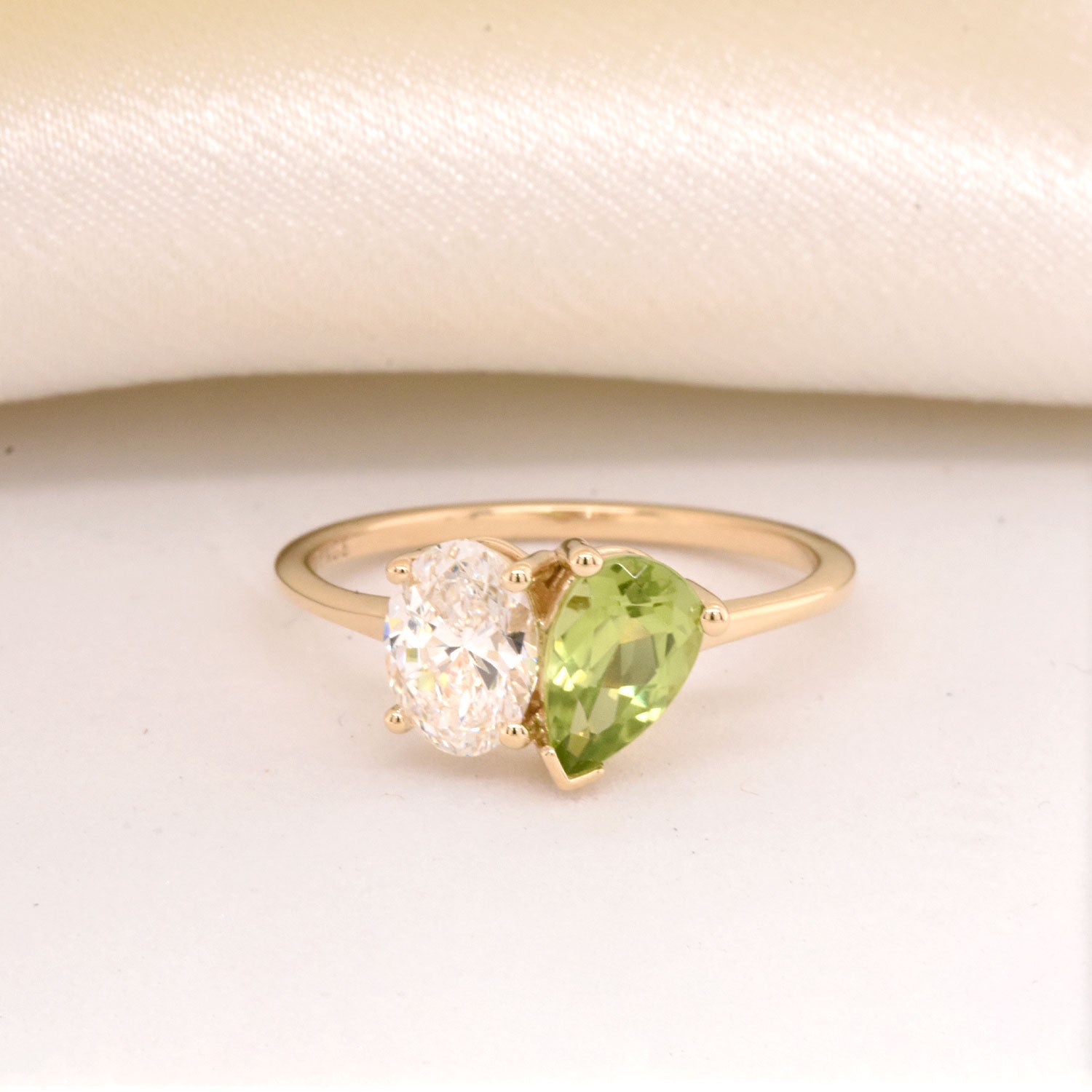 Oval White Diamond & Pear Peridot in a Toi Et Moi Setting