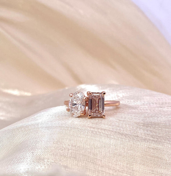 Toi Et Moi Oval White Diamond & Pink Emerald-Cut Diamond Engagement Ring