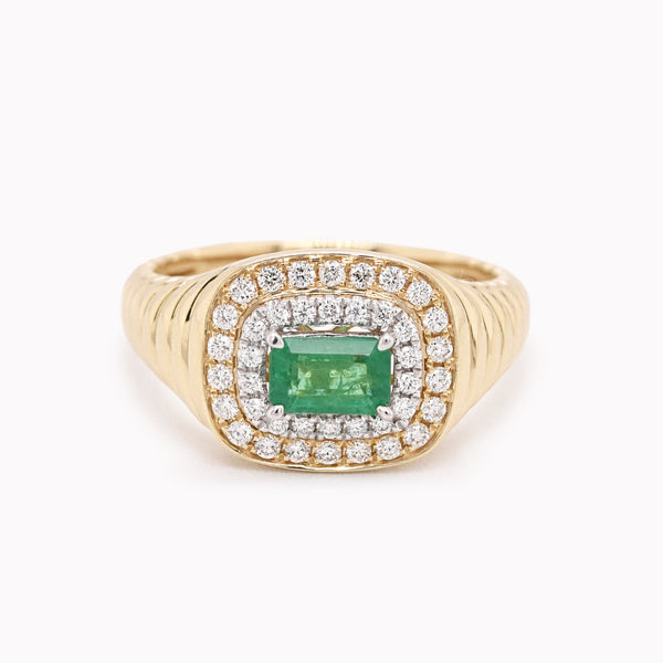 Emerald & Double Diamond Halo Signet Ring